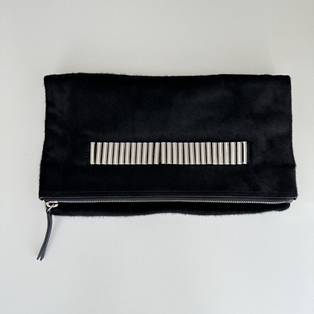 Alexander McQueen Black Leather Calf Hair Foldover Oversized Clutch